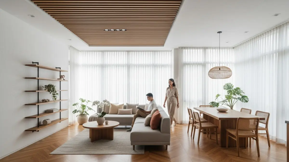 Interior rumah modern dengan pencahayaan alami, menggambarkan area bersih tapi ventilasi tersembunyi