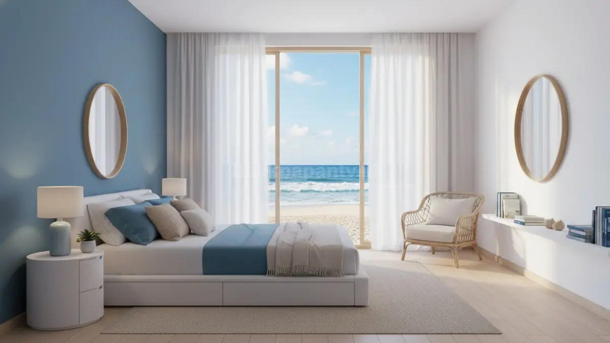 Kamar Coastal Calm (Biru Laut + Putih + Pasir Beige)