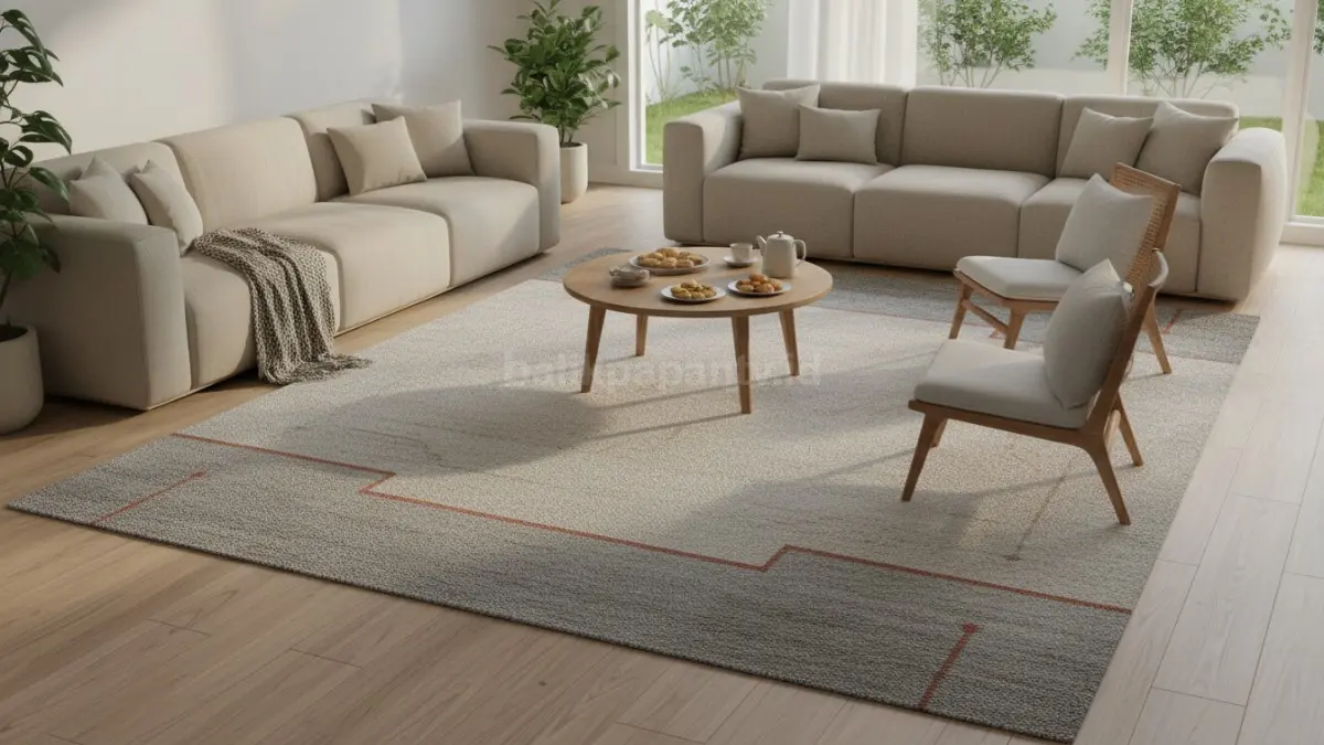 Karpet berfungsi sebagai pengikat visual sekaligus penambah kenyamanan di ruang tamu