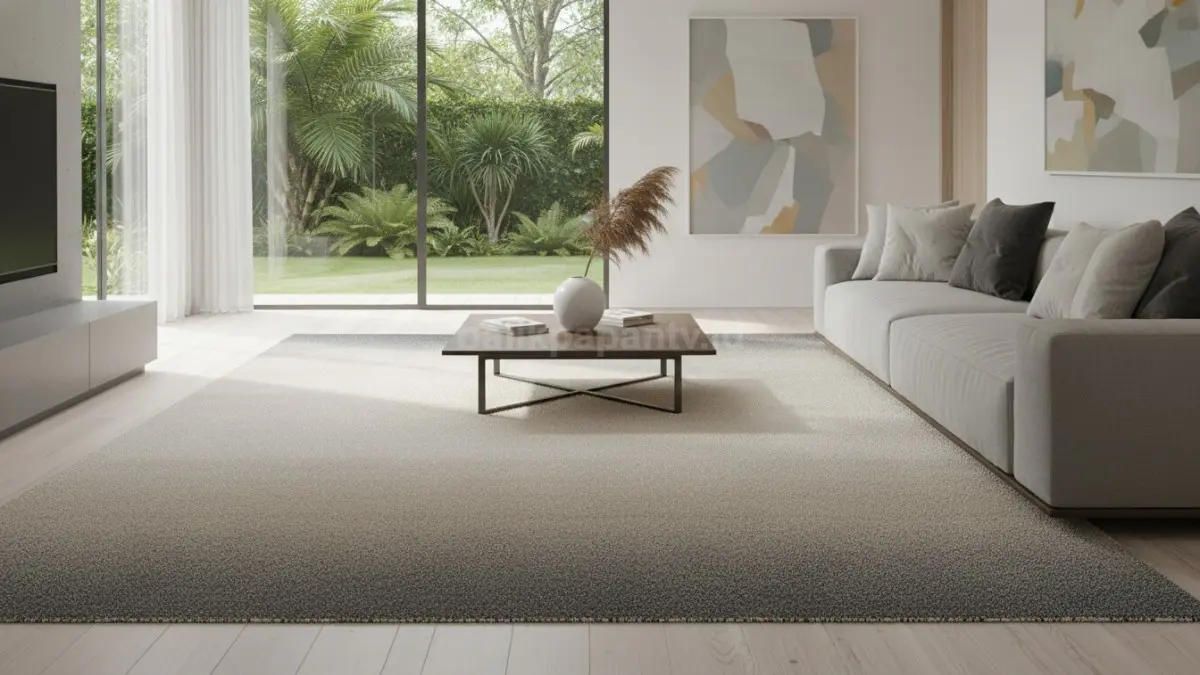 Karpet minimalis polos dengan warna netral seperti beige dan abu-abu