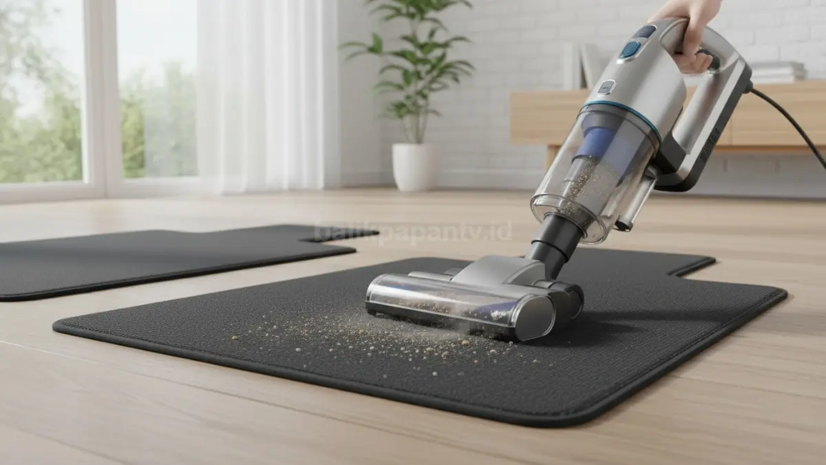 Karpet mobil sedang dibersihkan dengan alat vacuum modern, tampak kotoran terangkat jelas

