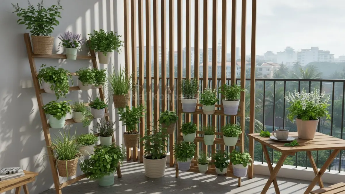 Kebun herbal minimalis di balkon rumah, penuh warna hijau segar