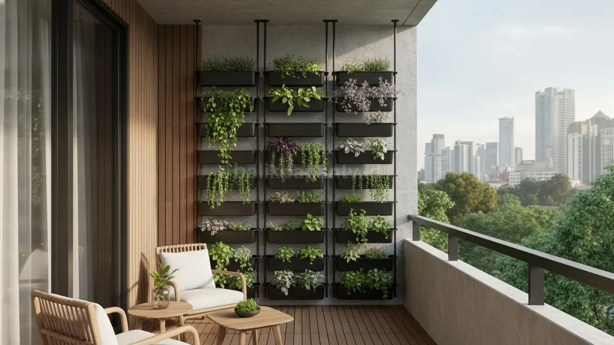 Kebun vertikal di dinding balkon: gunakan panel atau rak gantung supaya tanaman naik ke atas