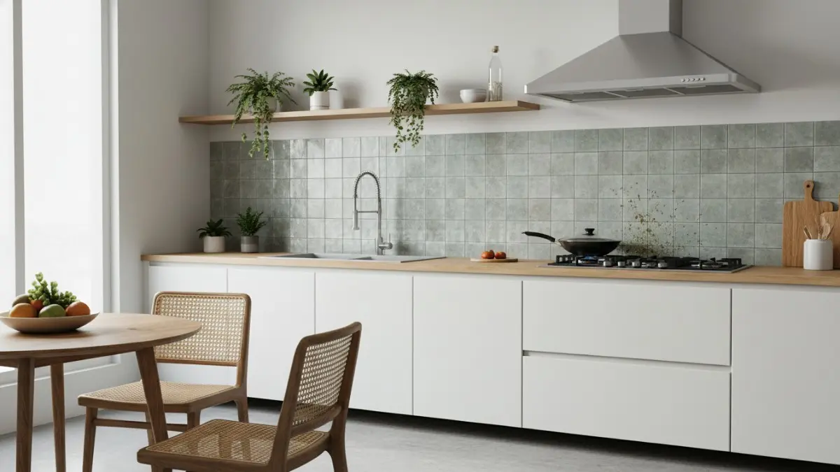 Keramik dinding dapur minimalis motif modern yang membuat dapur terlihat bersih dan rapi.