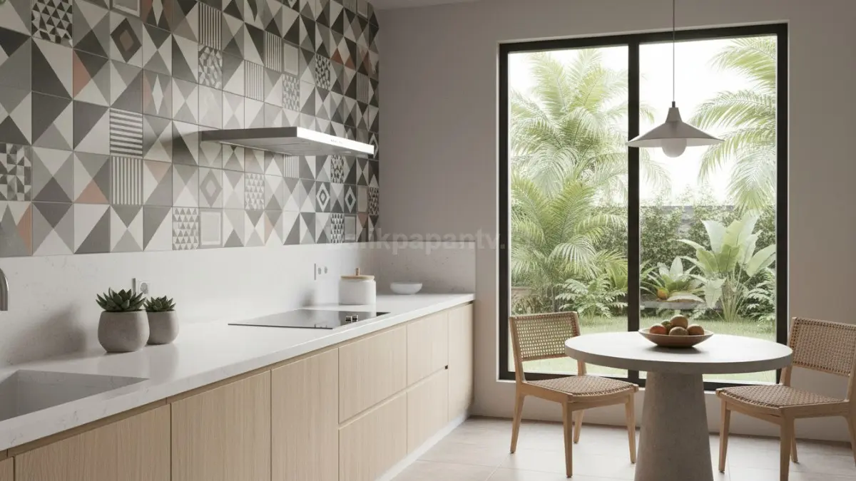 Keramik motif geometris cocok untuk dapur modern dengan konsep minimalis