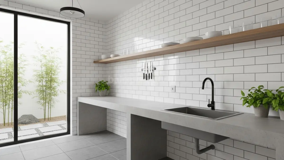 Keramik motif subway tile warna putih masih jadi favorit karena tampil simpel dan bersih