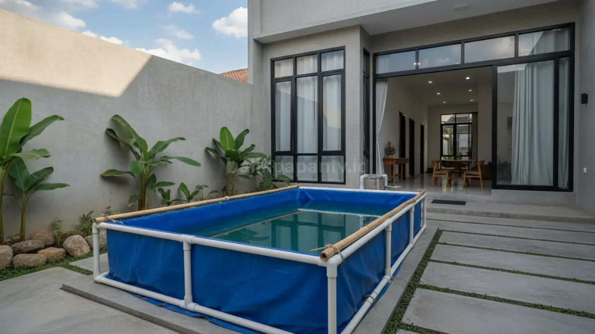 Kolam terpal di halaman rumah dengan rangka sederhana
