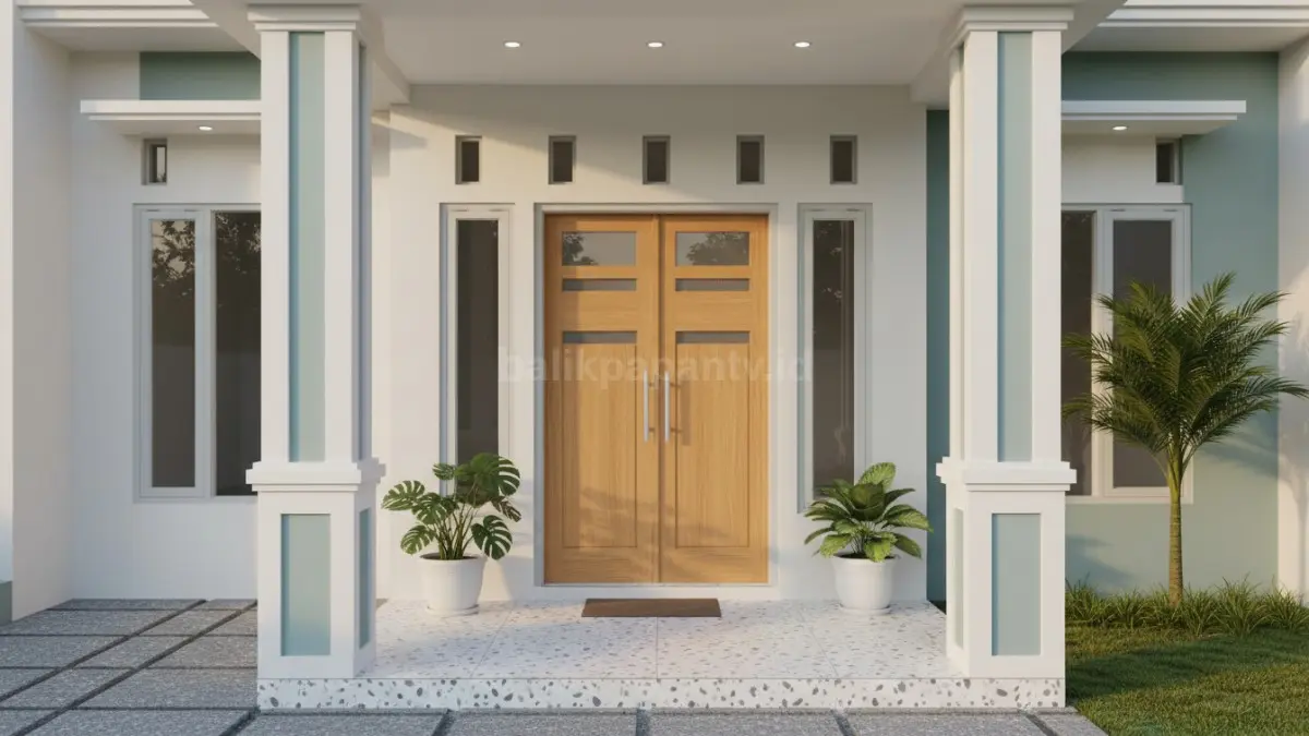 Kombinasi warna pintu abu-abu cerah dan pilar putih memberikan kesan elegan pada rumah minimalis.