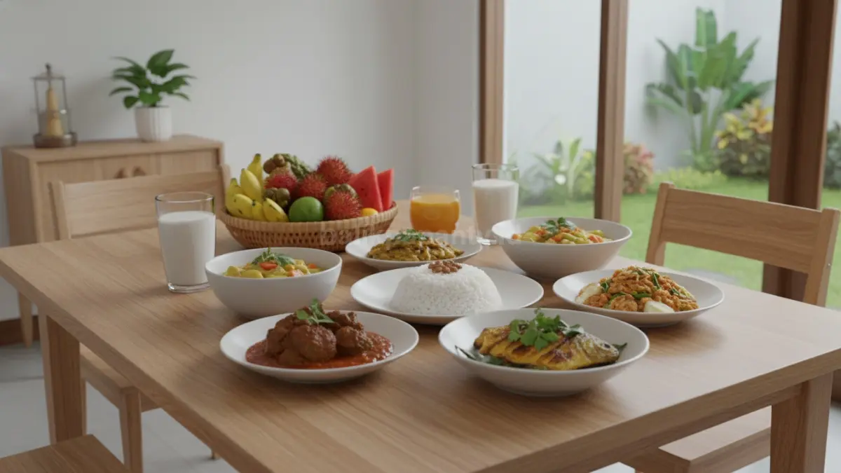 Komponen makanan pokok, lauk, sayur, buah, dan susu dalam satu meja