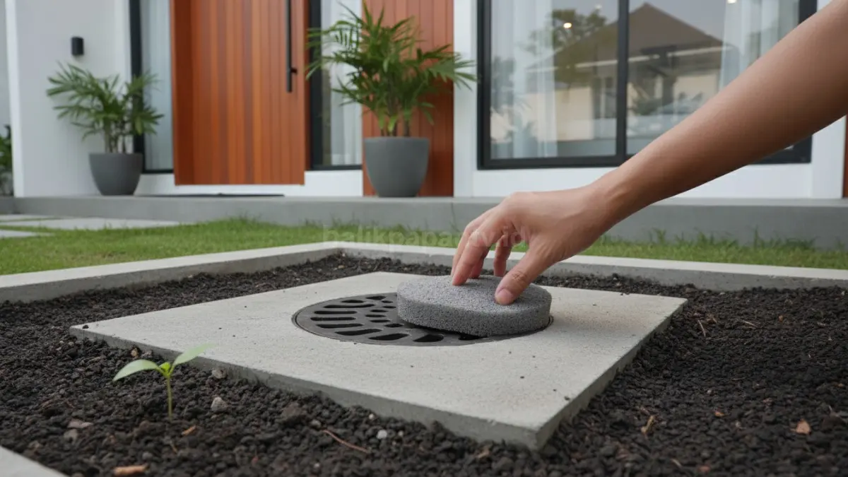  Meletakkan spons tipis di atas lubang drainase
