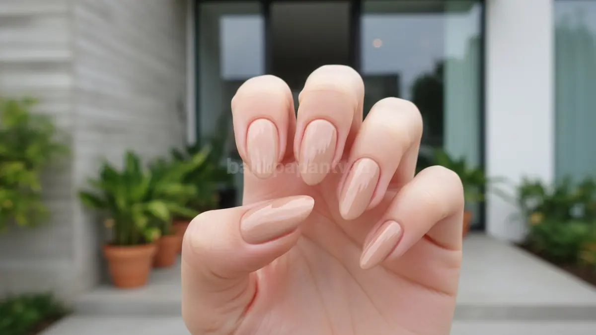 Nail art simple elegan dengan warna nude glossy yang terlihat bersih dan modern.