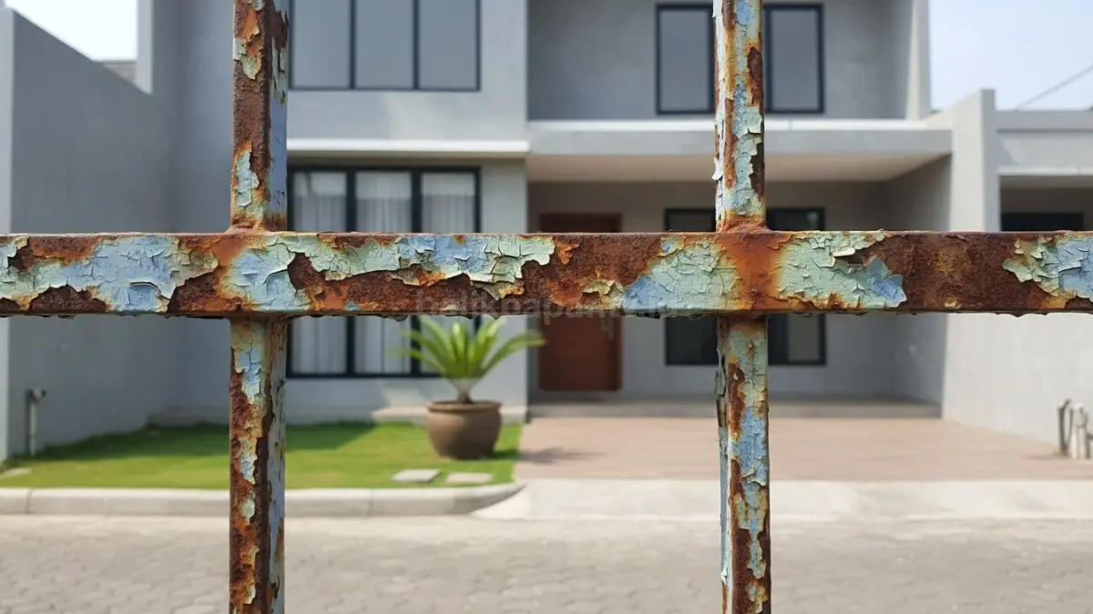 Permukaan pagar berkarat dan cat mengelupas akibat cuaca panas dan hujan
