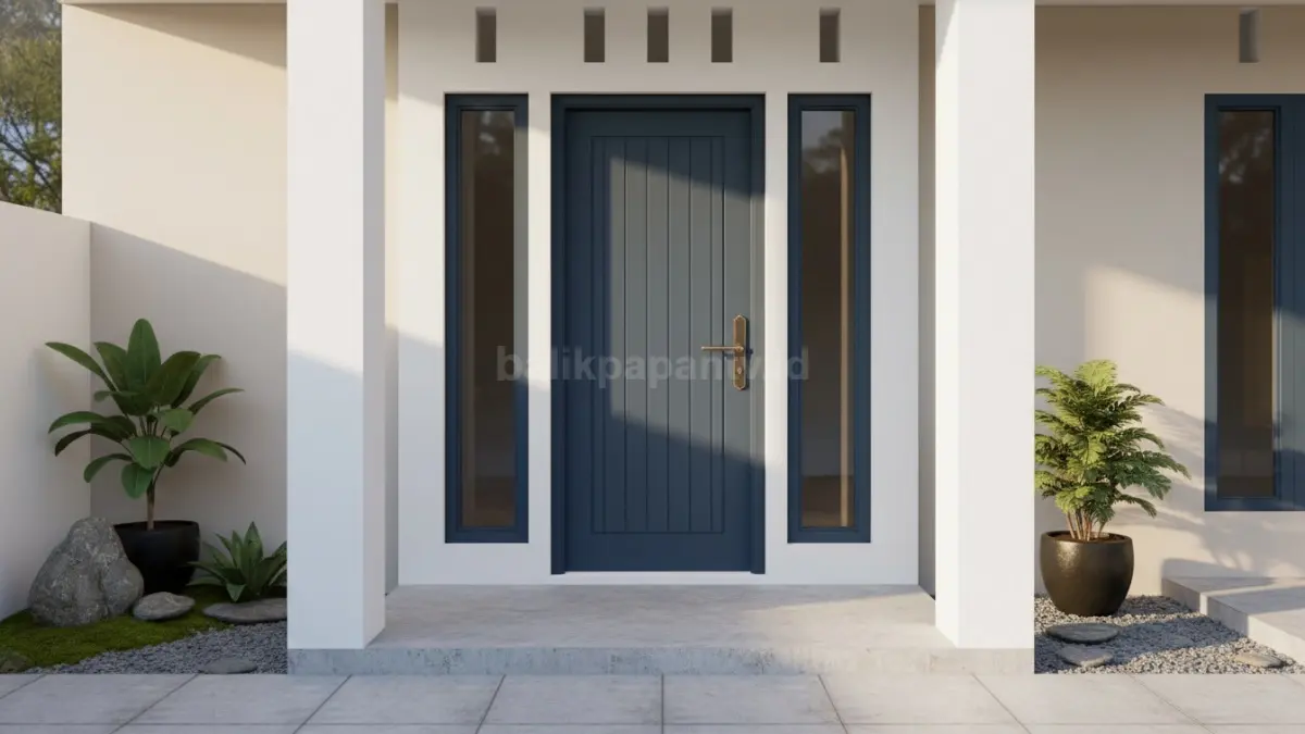  Pintu biru navy dan pilar krem menghadirkan nuansa hangat dan modern.
 