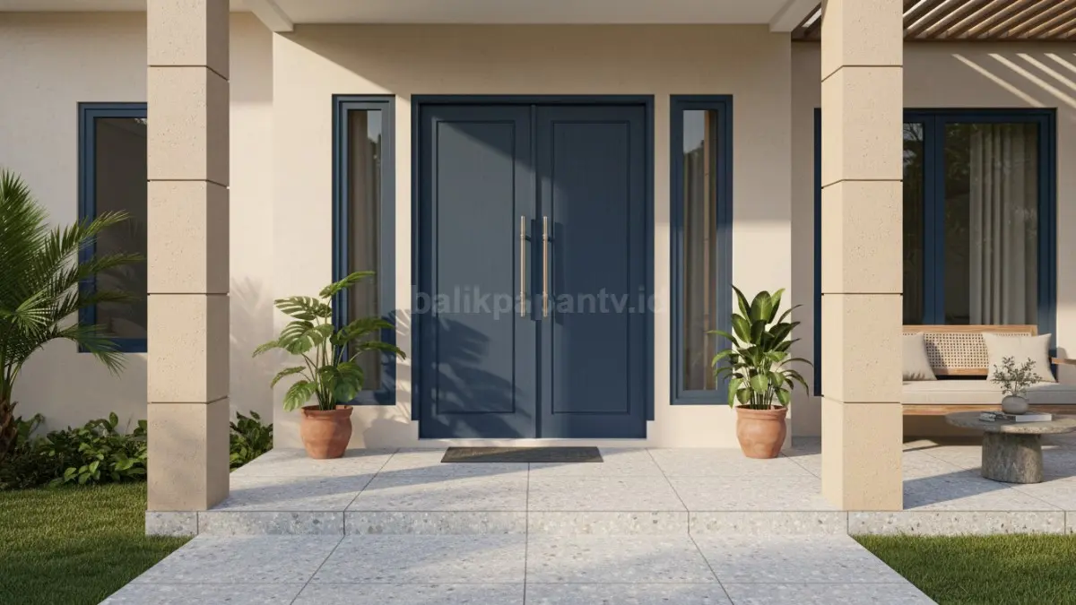 Pintu biru navy dan pilar krem menghadirkan nuansa hangat dan modern