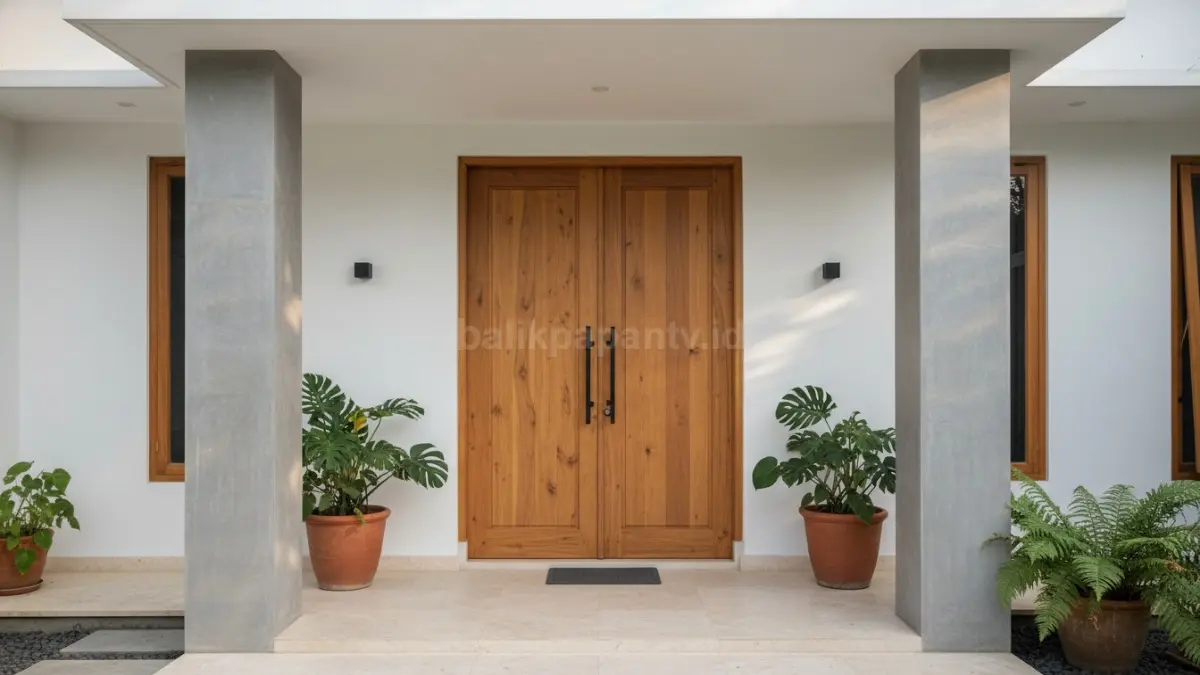 Pintu cokelat kayu alami dipadukan pilar abu-abu muda menonjolkan estetika natural.
