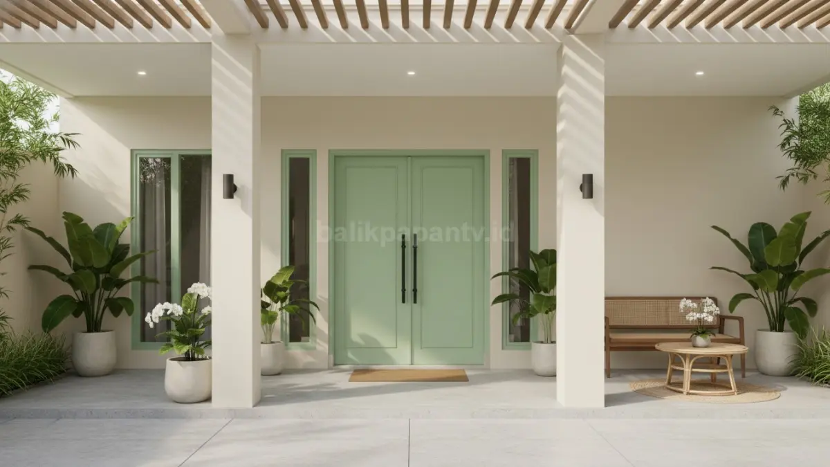 Pintu hijau pastel dan pilar krem cocok untuk hunian yang ingin tampil segar dan nyaman.