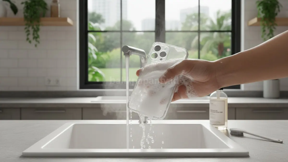 Proses mencuci casing dengan sabun dan air hangat
