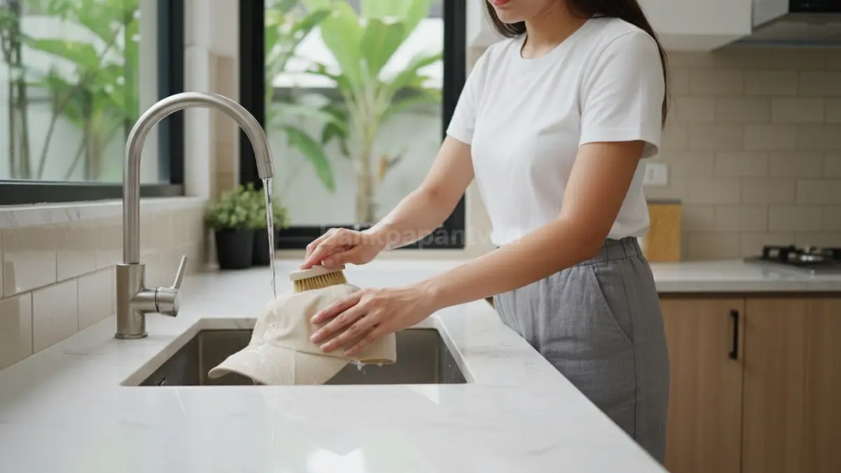 Proses mencuci topi dengan sikat lembut
