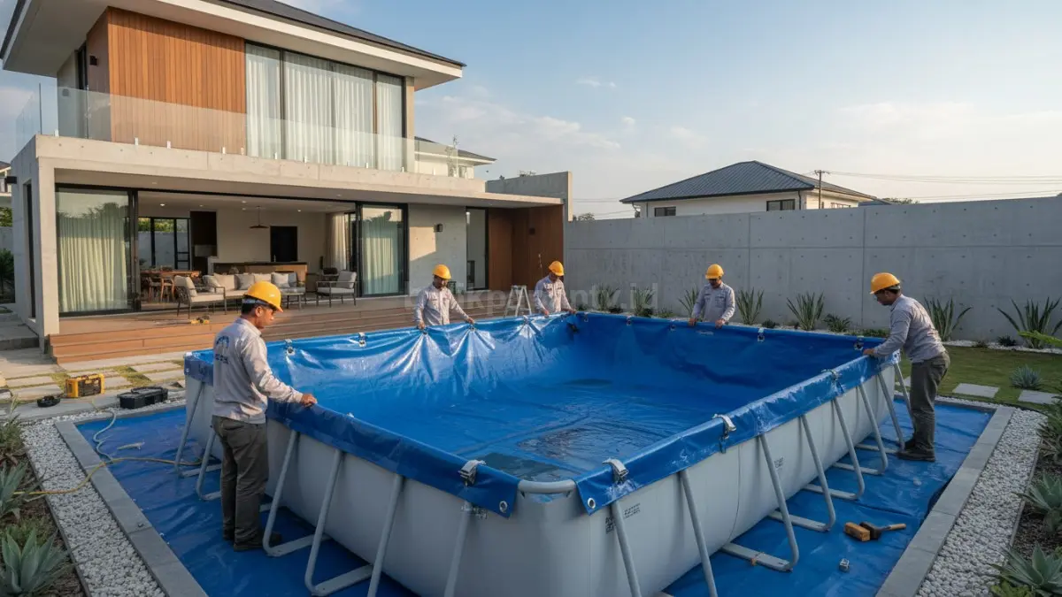 Proses pemasangan terpal pada rangka kolam
