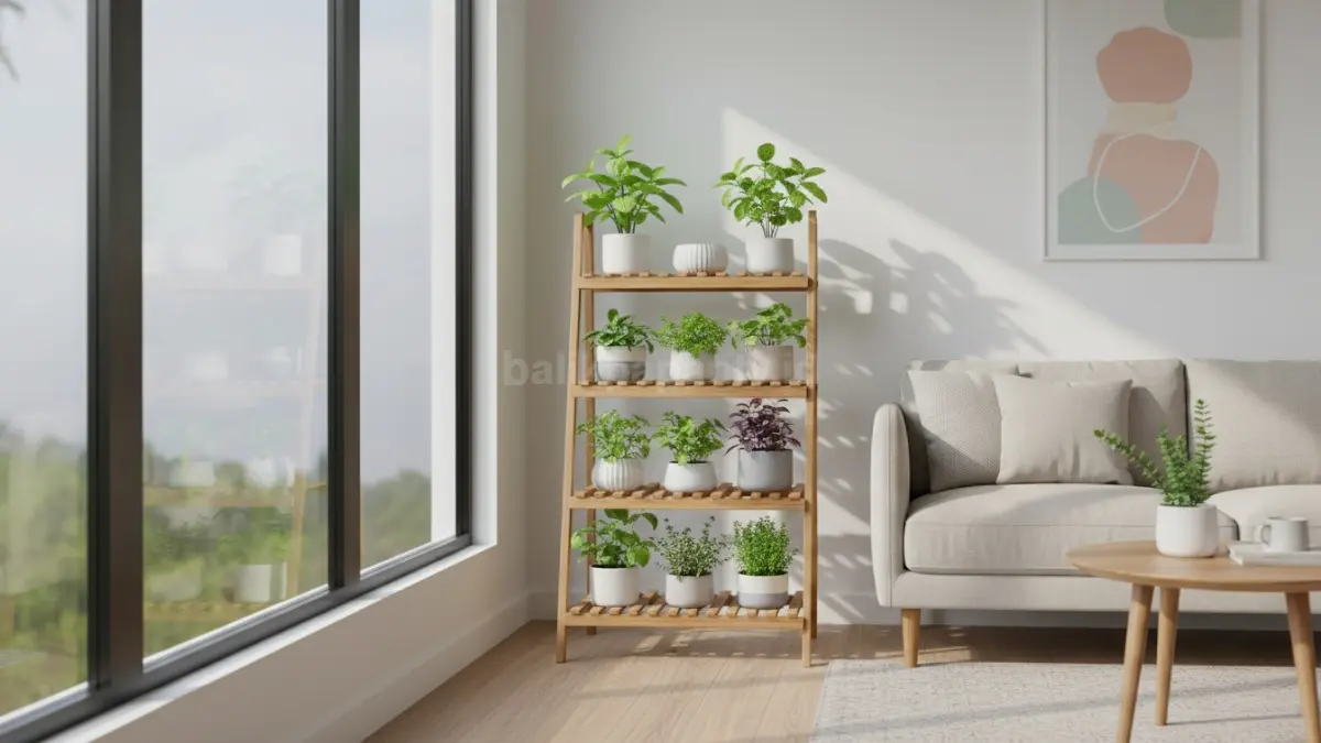 Rak bertingkat di pojok rumah: tempatkan pot-pot kecil berisi basil, parsley, mint atau thyme.