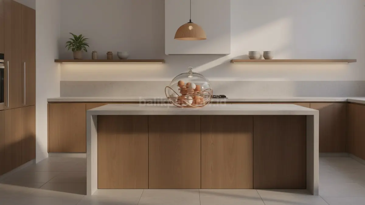 Rak telur estetik di dapur minimalis modern dengan pencahayaan hangat
