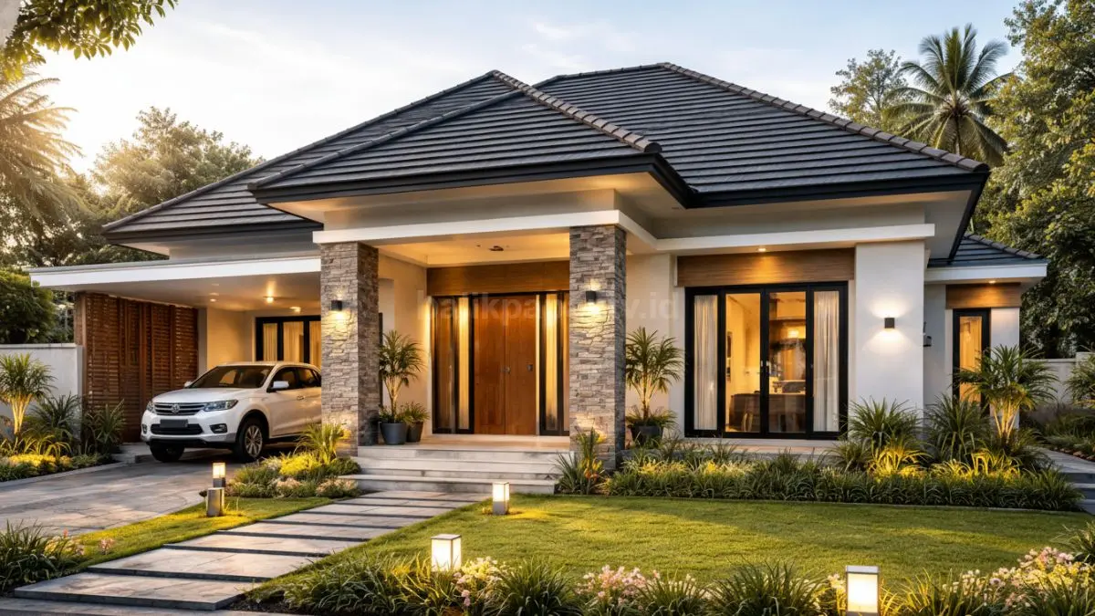 Rumah minimalis 1 lantai dengan struktur kokoh dan desain sederhana anti gempa di Indonesia.