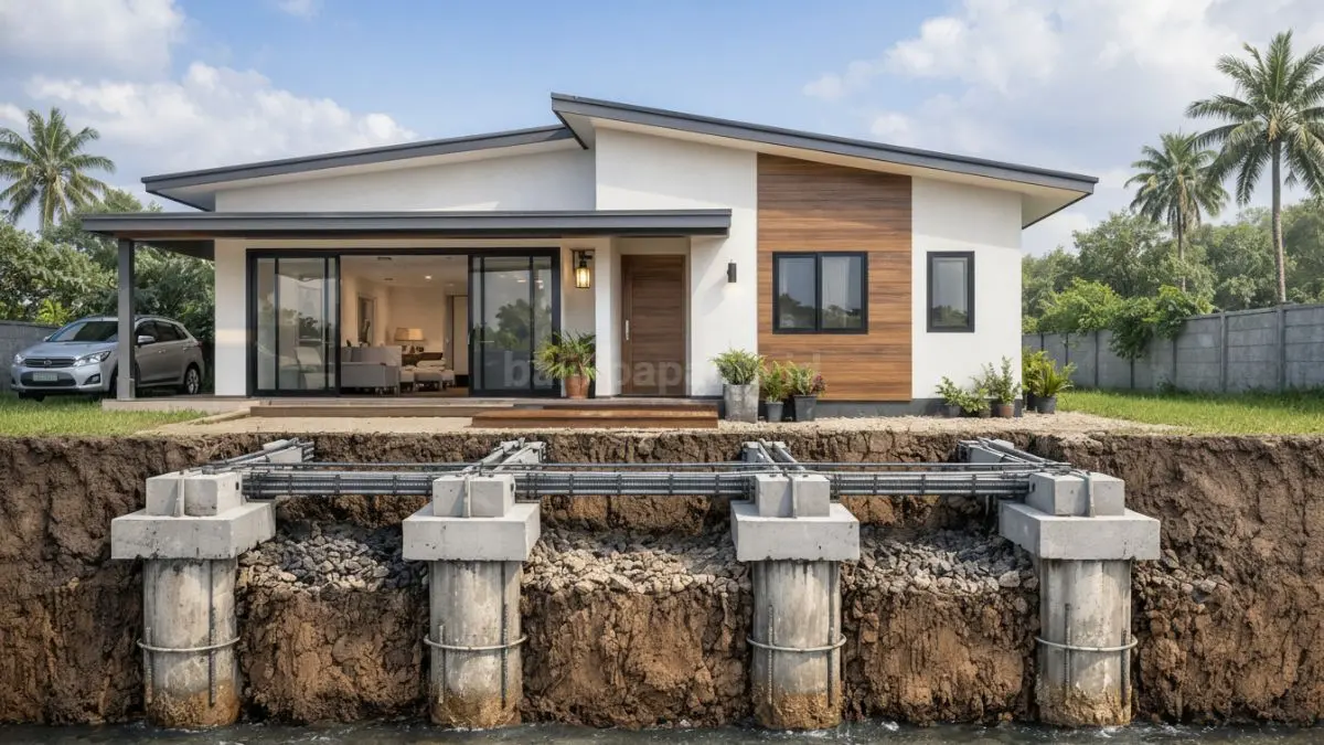 Rumah minimalis dengan fondasi tapak diperkuat.