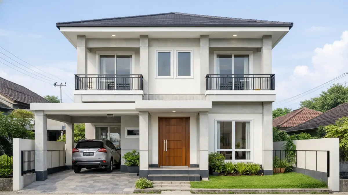Rumah minimalis dengan rangka beton bertulang simetris.
