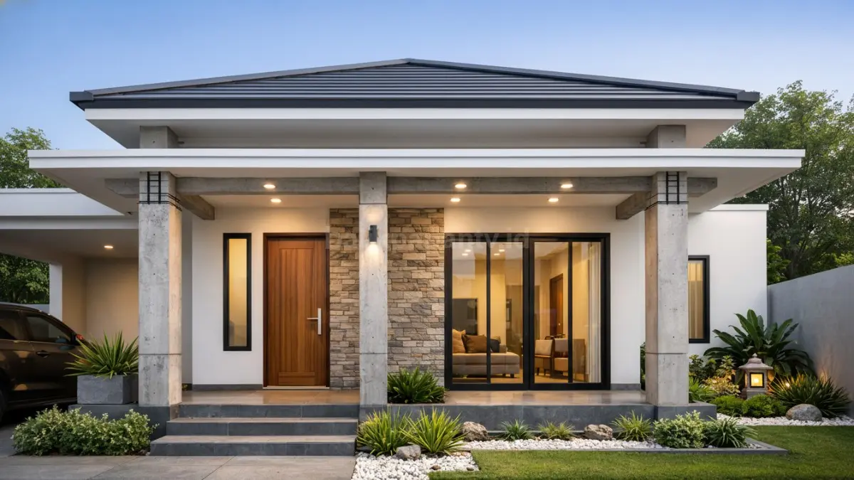 Rumah minimalis dengan rangka beton bertulang standar SNI.
