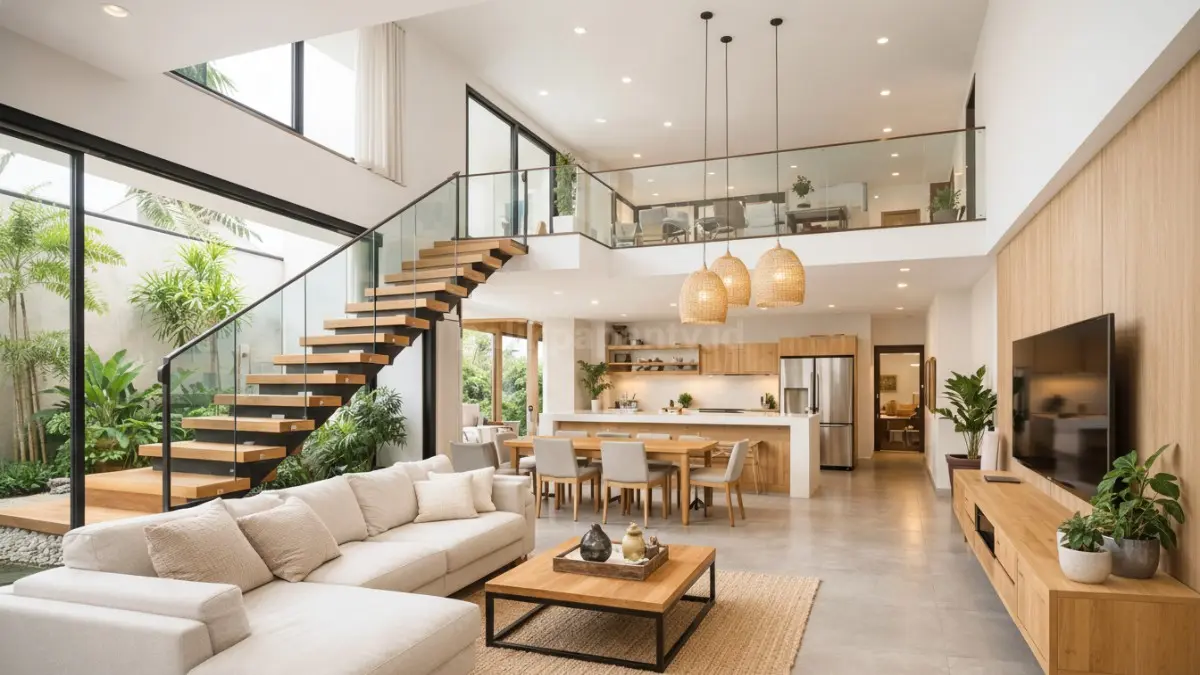 Rumah minimalis konsep open plan minim sekat.