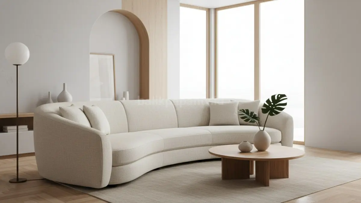 Sofa curved yang nyaman dan inviting di ruang tamu