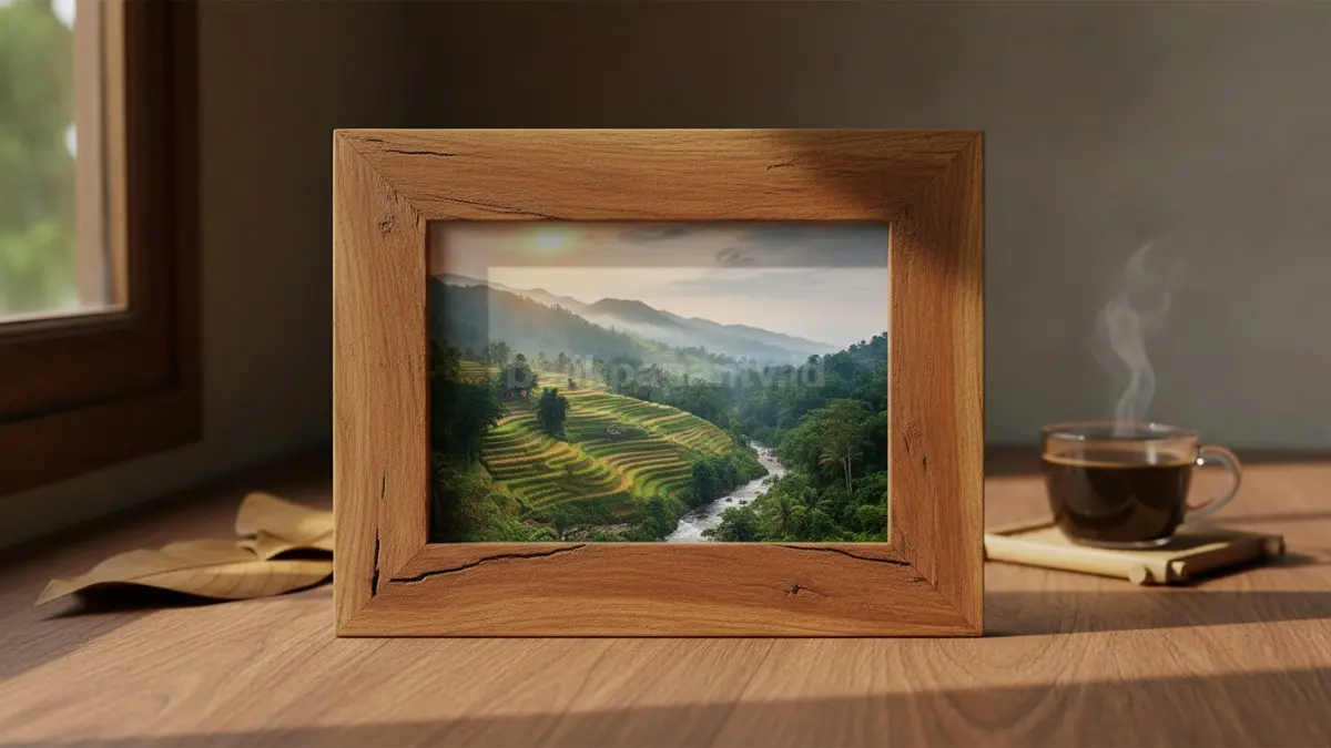 Tekstur kayu alami pada bingkai foto memberikan kesan hangat