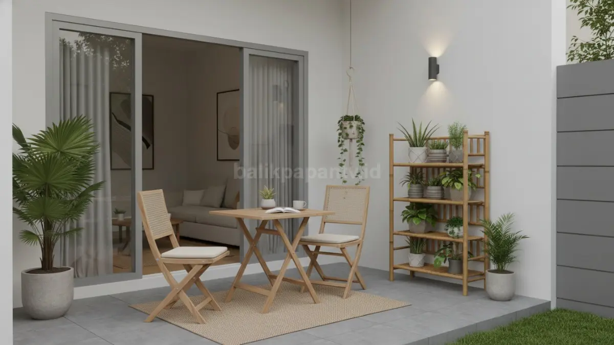 Teras minimalis dengan furnitur lipat dan tanaman vertikal, terlihat rapi dan fungsional meski ruang terbatas