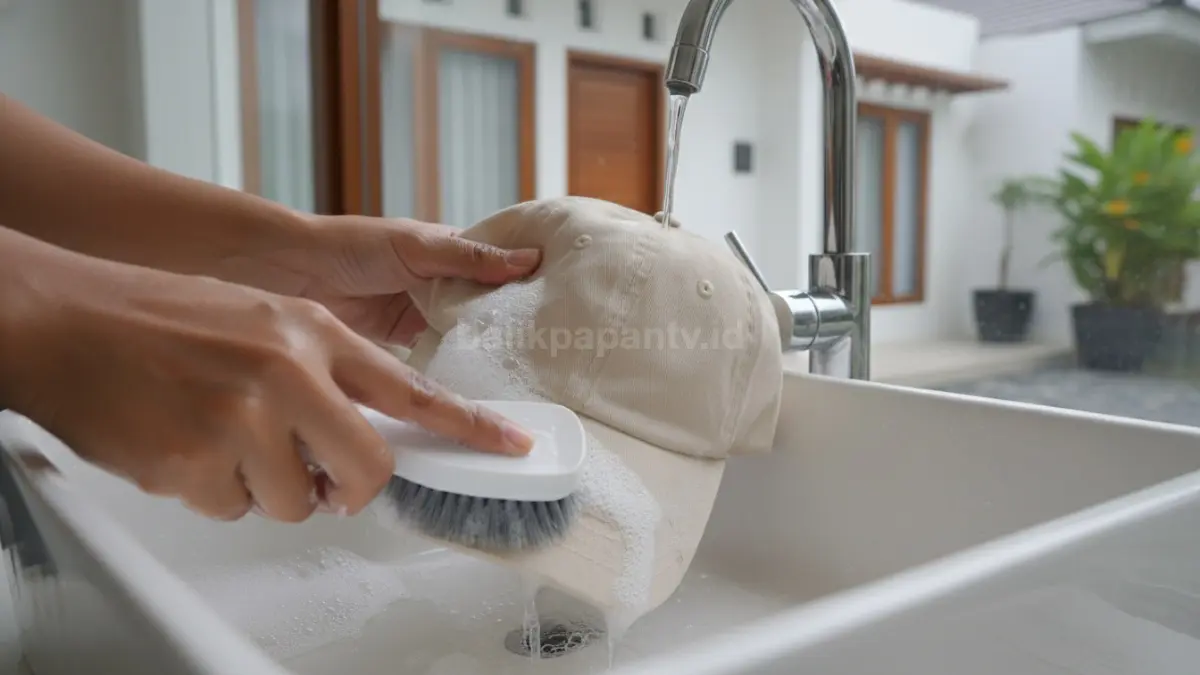 Topi dicuci dengan tangan menggunakan sabun lembut, terlihat bersih dan rapi
