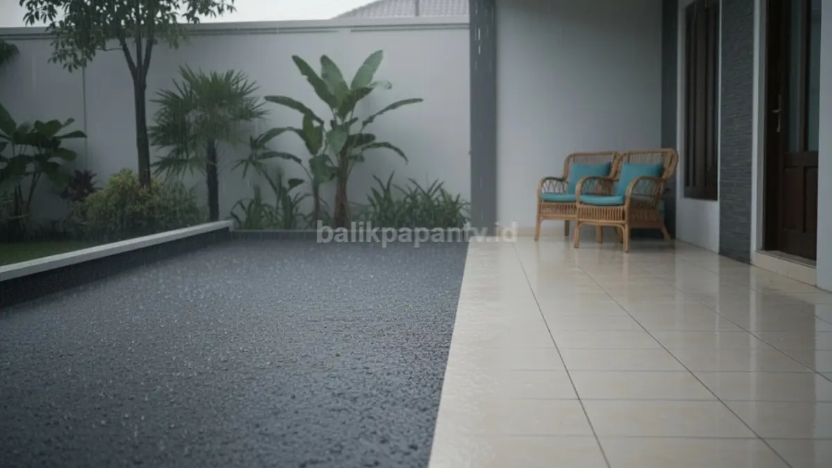 Area teras rumah dengan lantai kasar saat kondisi hujan, memperlihatkan permukaan anti licin yang aman digunakan dan kontras dengan lantai halus yang mudah licin