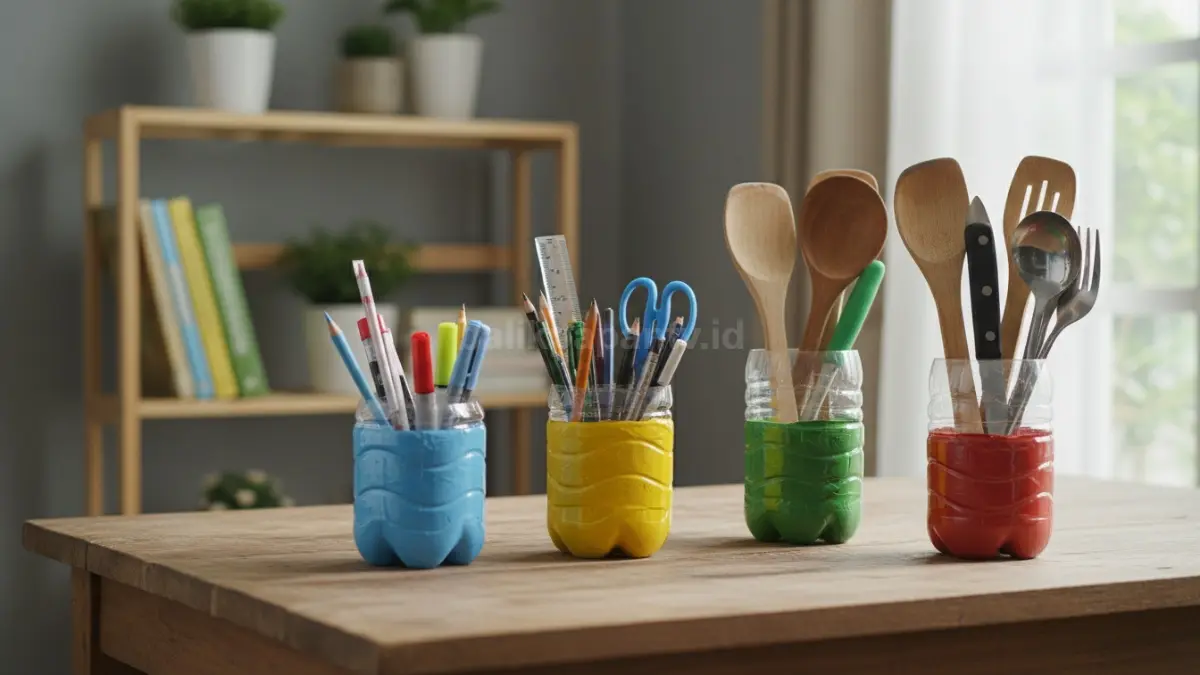 Botol plastik bekas diolah menjadi organizer multifungsi untuk menyimpan alat tulis atau peralatan dapur, membantu menjaga meja tetap rapi dan efisien digunakan setiap hari.
