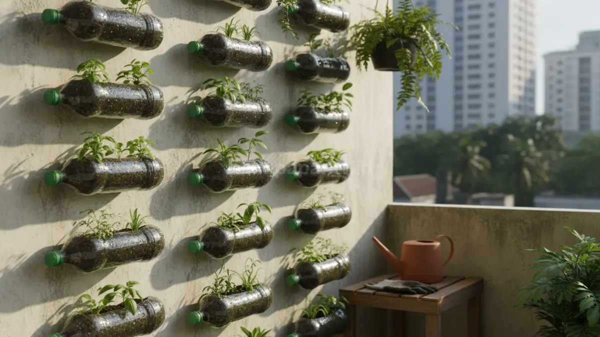 Botol plastik bekas disusun vertikal di dinding menjadi pot tanaman hemat ruang, cocok untuk balkon kecil atau area rumah terbatas dengan fungsi tanam yang tetap optimal.