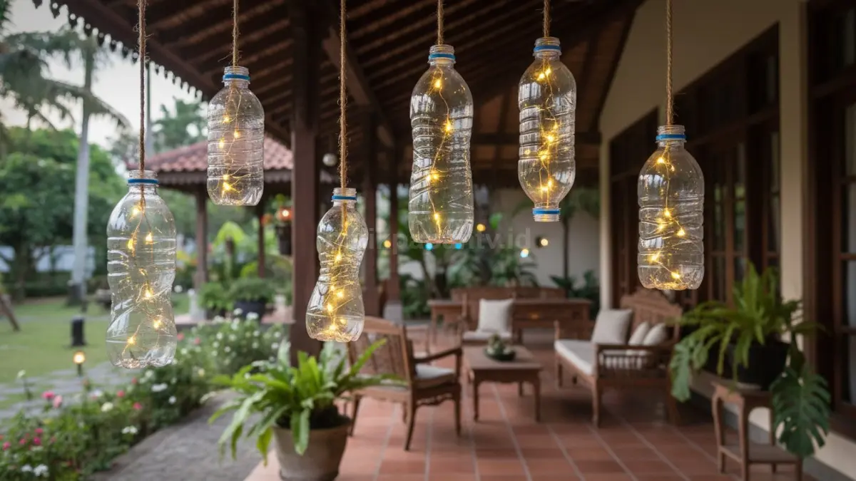 Botol plastik bekas diubah menjadi lampu hias gantung dengan tambahan lampu LED, menghasilkan pencahayaan hangat yang aman sekaligus mempercantik teras atau ruang santai rumah.