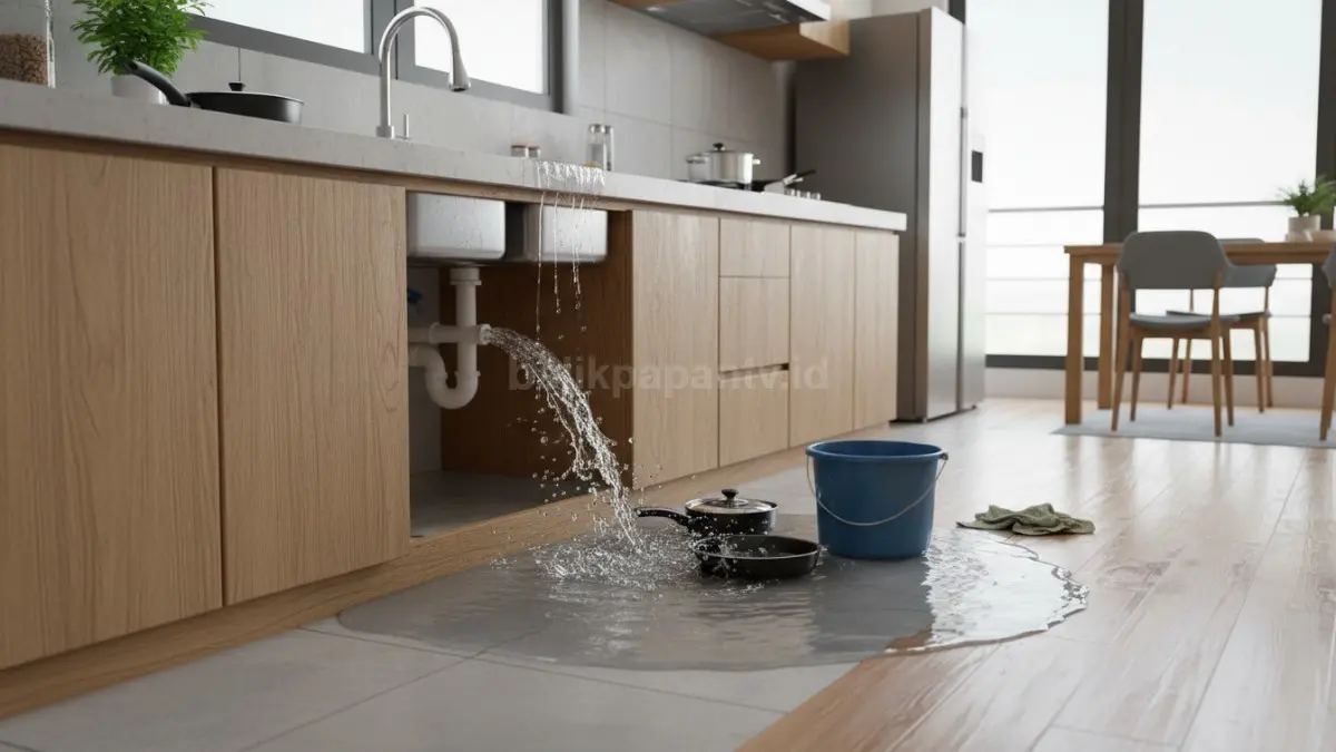 Contoh kebocoran pipa di dapur rumah yang sering terjadi akibat sambungan longgar
