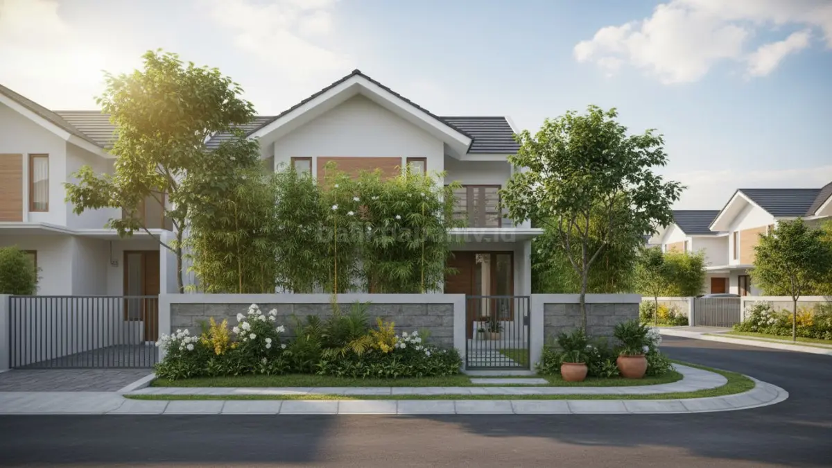 Contoh rumah di perumahan modern yang menggunakan pagar beton dan tanaman sebagai pembatas alami tanpa besi