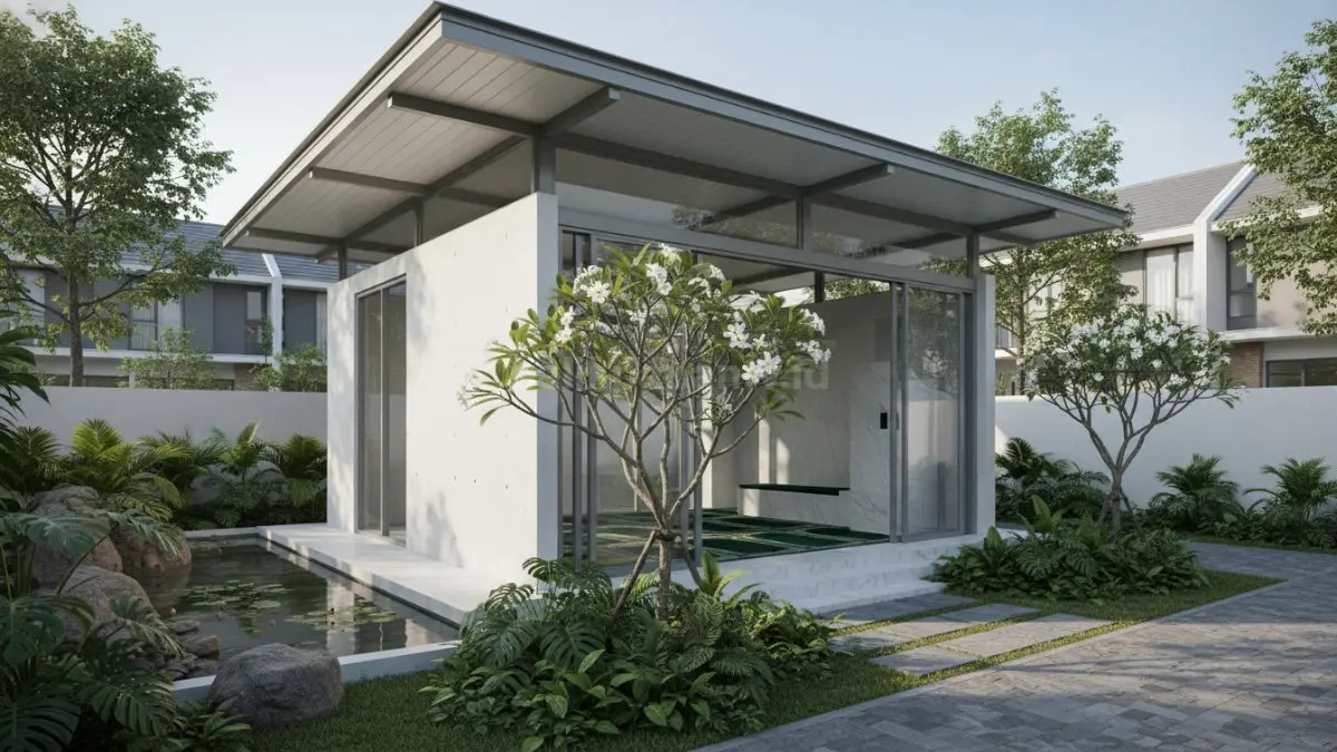 Desain mushola dekat taman dengan suasana alami dan segar
