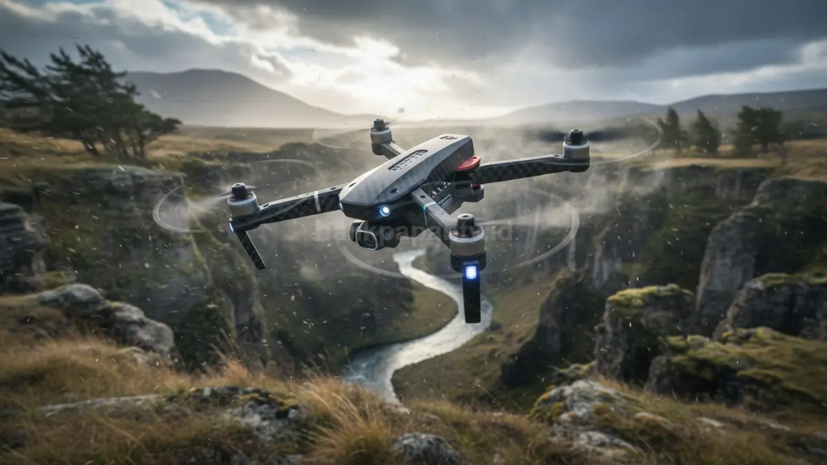 Drone kecil stabil terbang di area berangin.