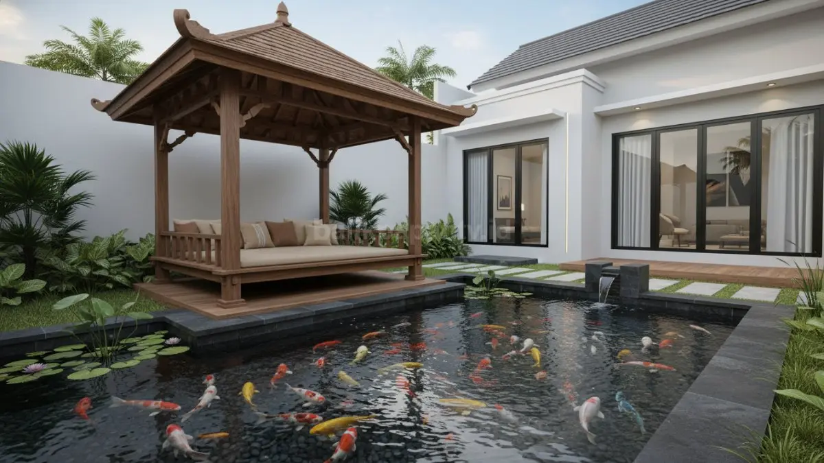 Gazebo kayu klasik dengan kolam ikan koi
