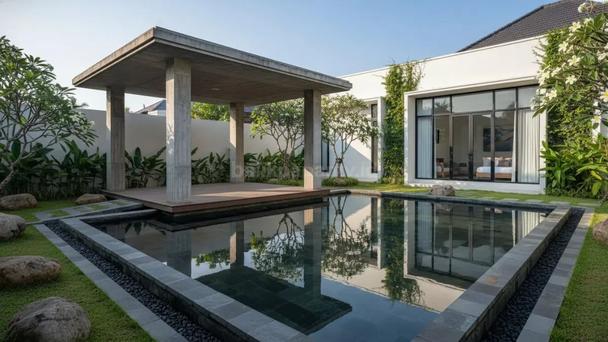 Gazebo minimalis beton ekspos dengan kolam refleksi