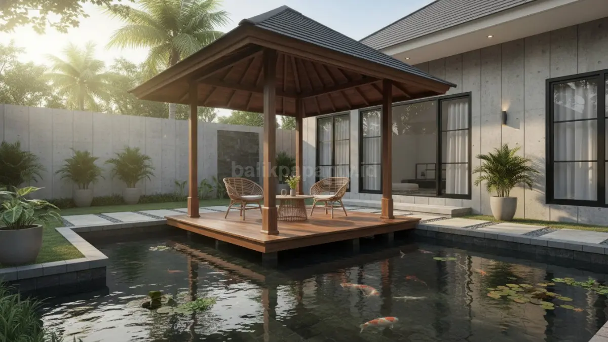Gazebo modern dengan kolam ikan batu alam di rumah minimalis tropis