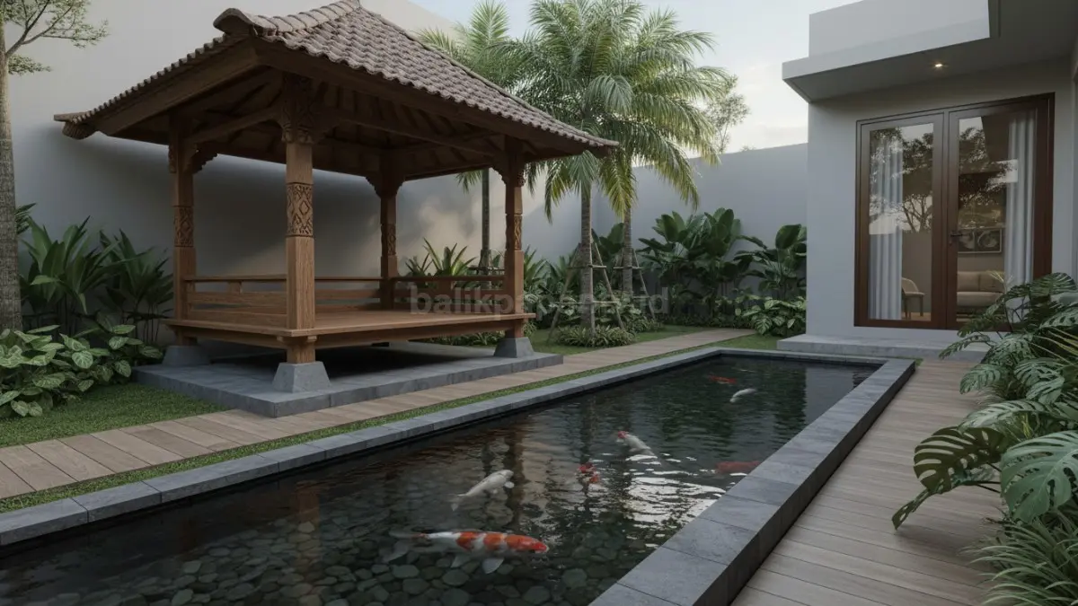 Gazebo sudut taman dengan kolam linear
