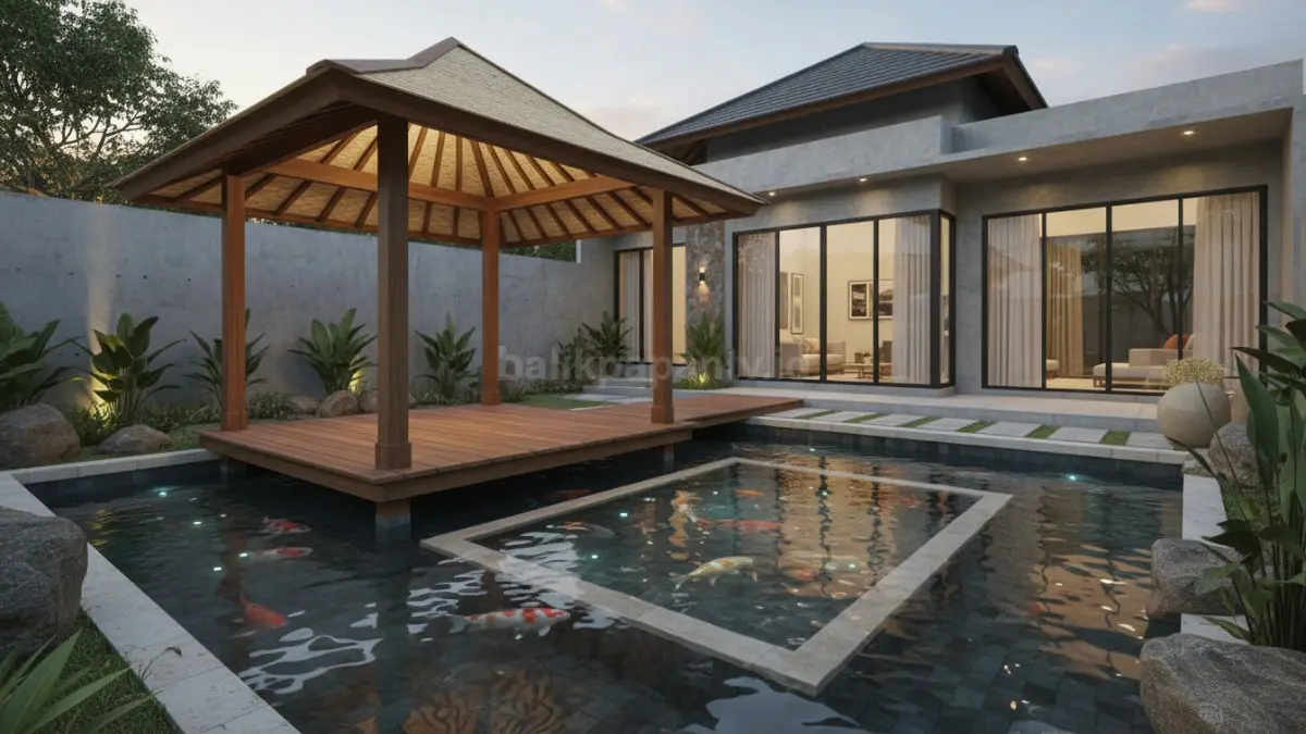 Gazebo terapung di atas kolam batu alam