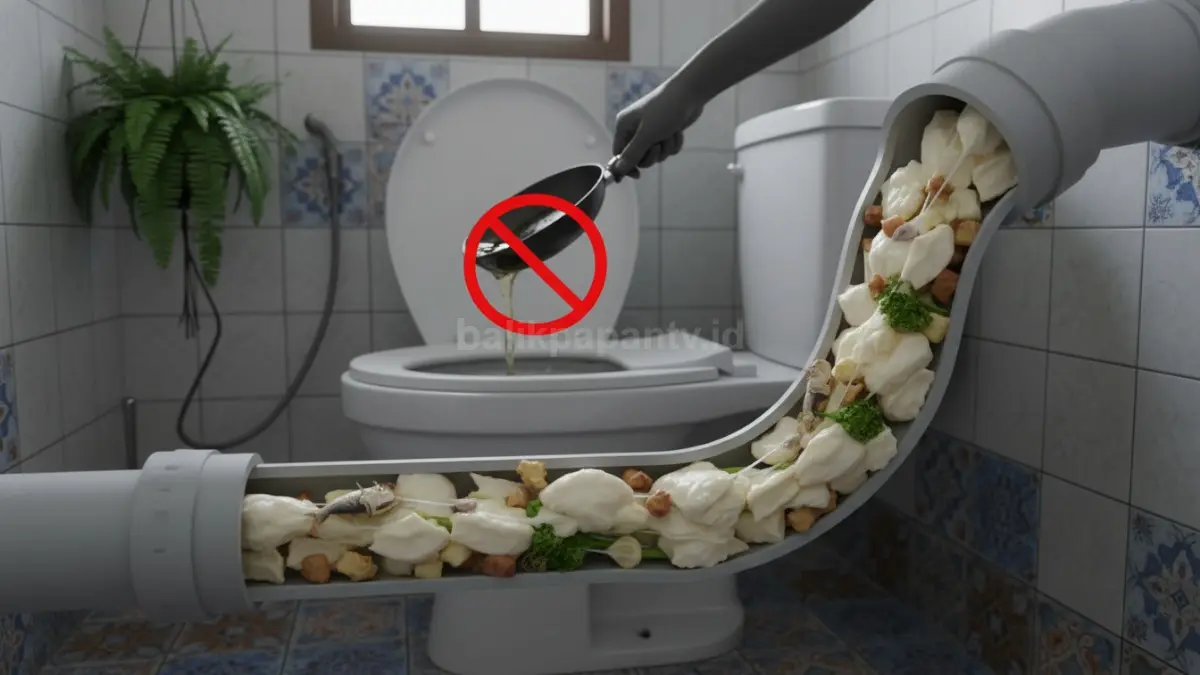 Ilustrasi larangan membuang minyak dan sisa makanan ke dalam WC, memperlihatkan lemak yang mengeras di dalam pipa dan memicu penyumbatan saluran pembuangan