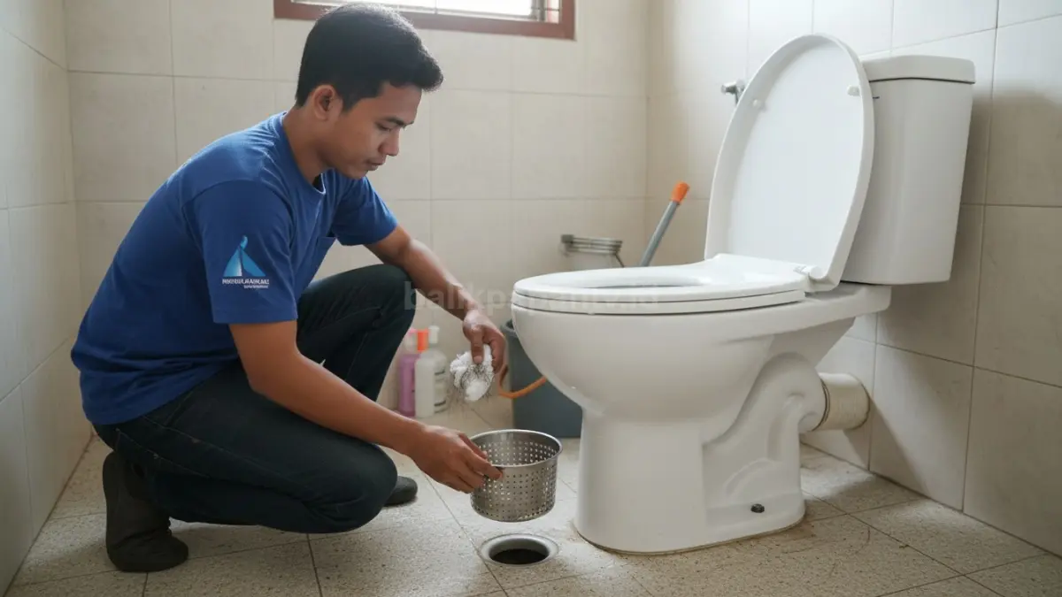 Ilustrasi pemasangan penyaring tambahan pada saluran pembuangan untuk menahan kotoran padat seperti rambut dan sisa sampah, membantu menjaga aliran air tetap lancar dan mencegah penyumbatan