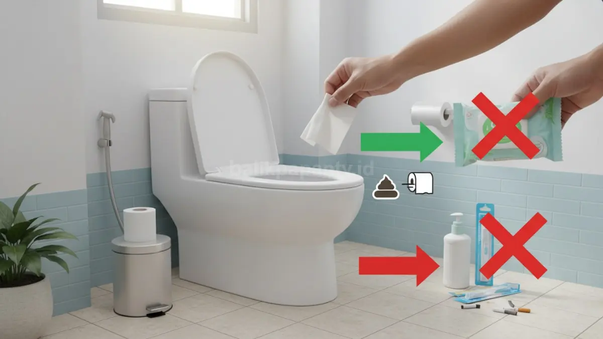 Ilustrasi penggunaan kloset yang benar sesuai fungsinya, hanya untuk limbah manusia dan tisu toilet, tanpa membuang sampah seperti tisu basah, plastik, atau benda lain yang bisa menyumbat saluran